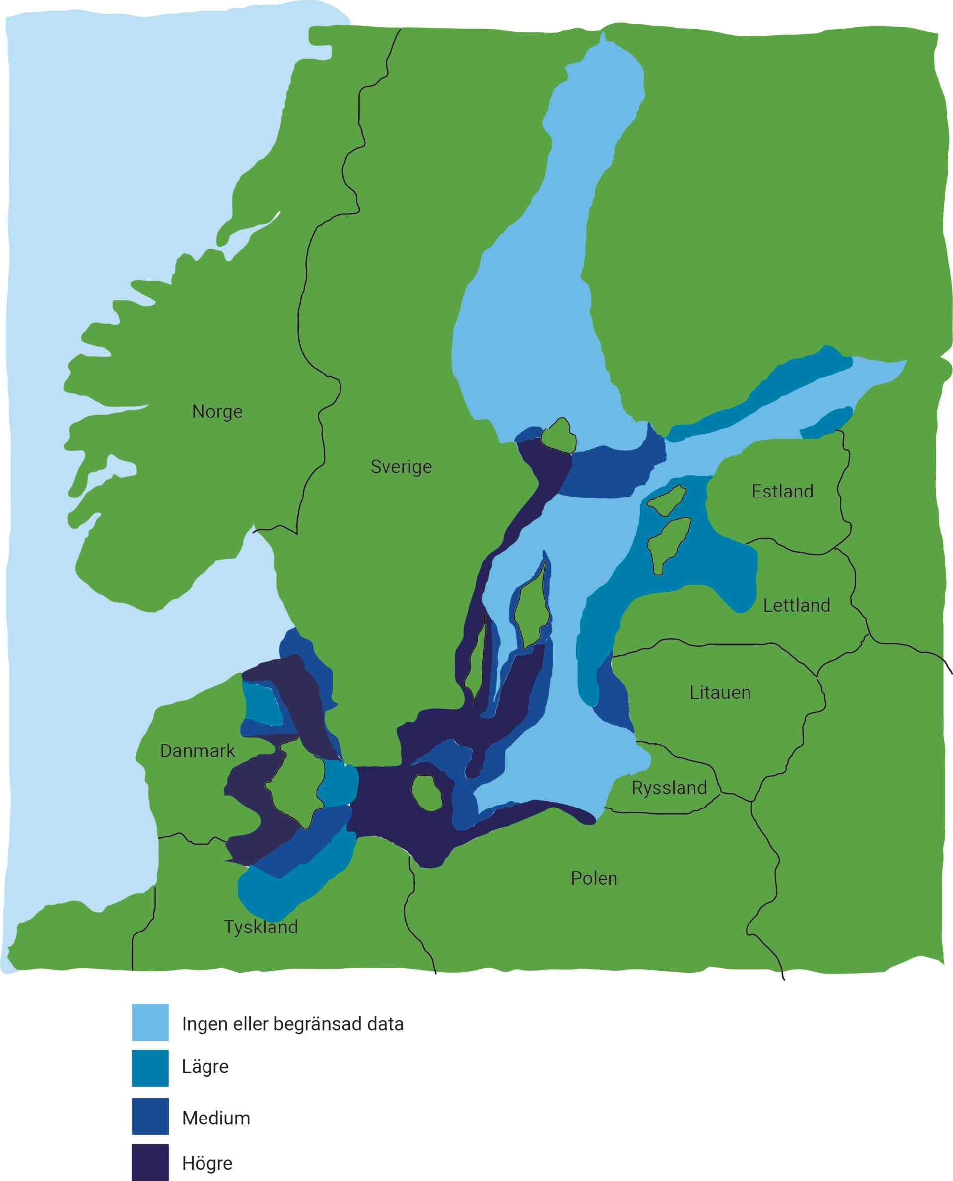 Utbredning av Östersjöpopulationen och Bälthavspopulationen av tumlare i Östersjöregionen.