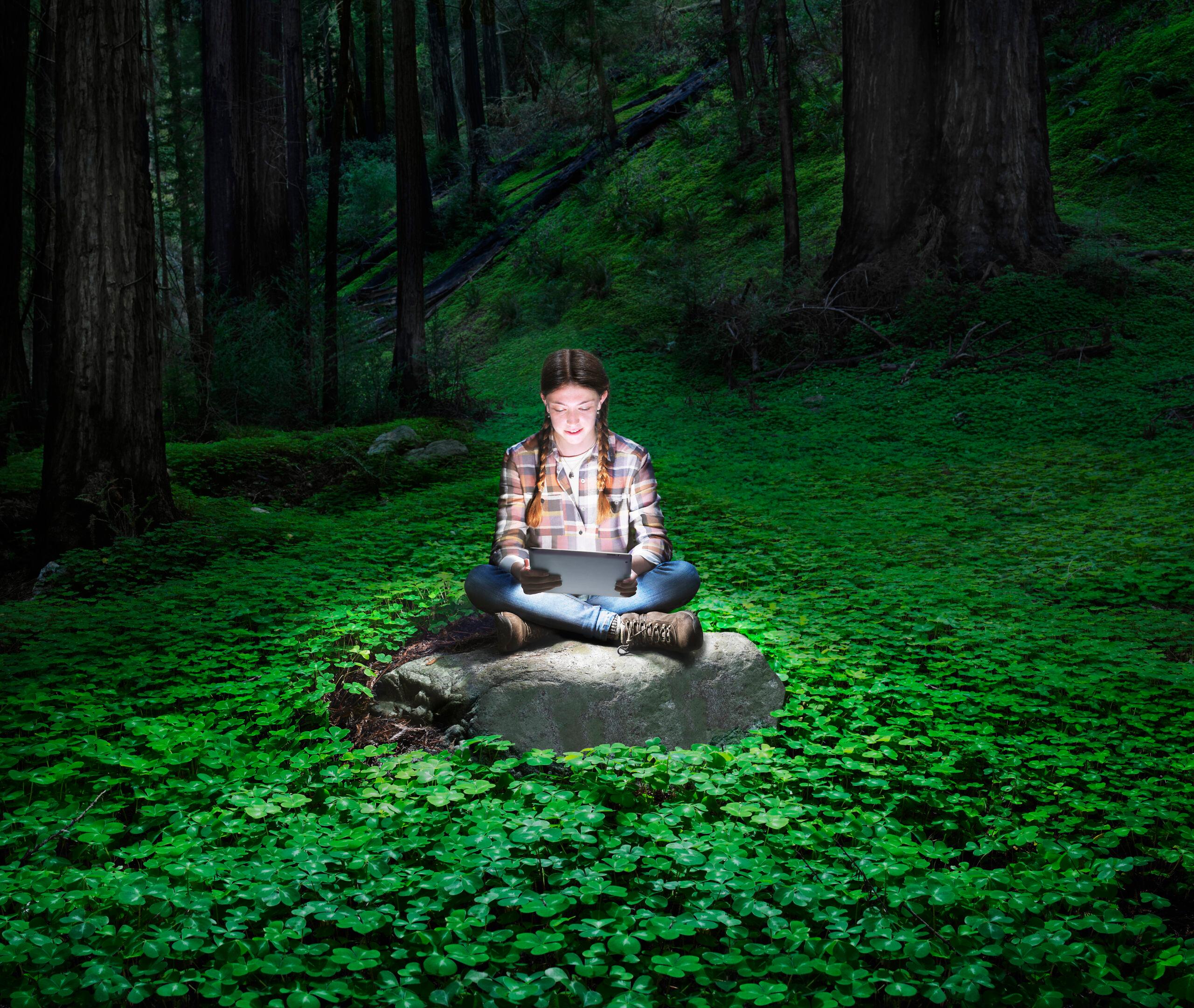 A fifteen year old caucasian girl dressed in hiking clothing and using a glowing tablet in a darkened Big Sur, California grove of redwoods sitting cross legged on a rock surrounded by a carpet of clovers.Bilden används som signatur till Digital globala hjältar, och ska helst inte användas till andra.