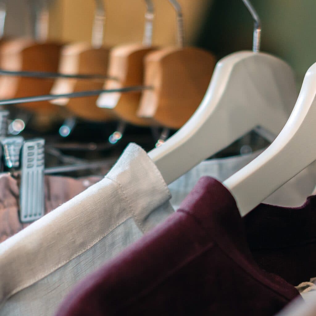 kläder hänger på galgar i en garderob